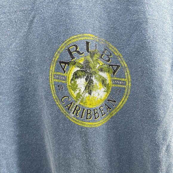 Vintage Blue 84 Aruba Caribbean One Happy Island Graphic Shirt Mens L Palm Tree - Picture 4 of 6